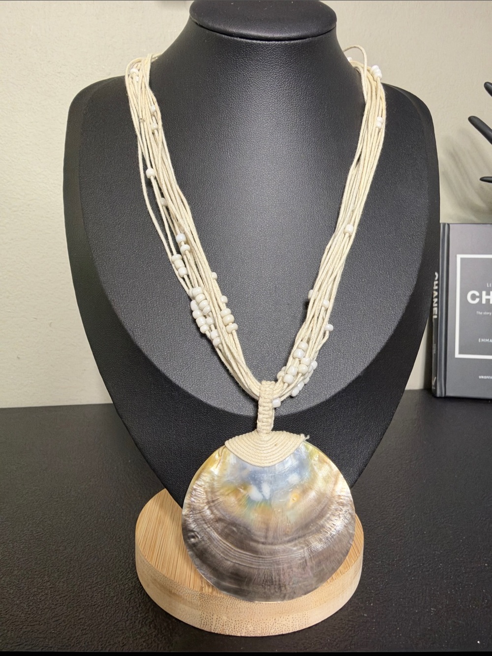 Handcrafted Cream Bead Multi-Strand Necklace MOP Iridescent Shell Pendant